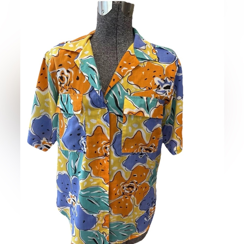 Laura & Jayne 1980s tropical ladies casual button down blouse size 6 summer‎